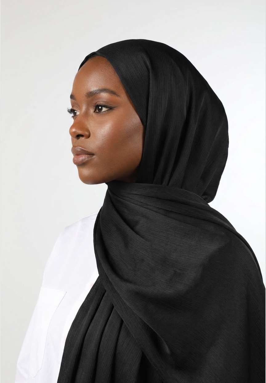 Noir Silk Crepe Crinkle Hijab
